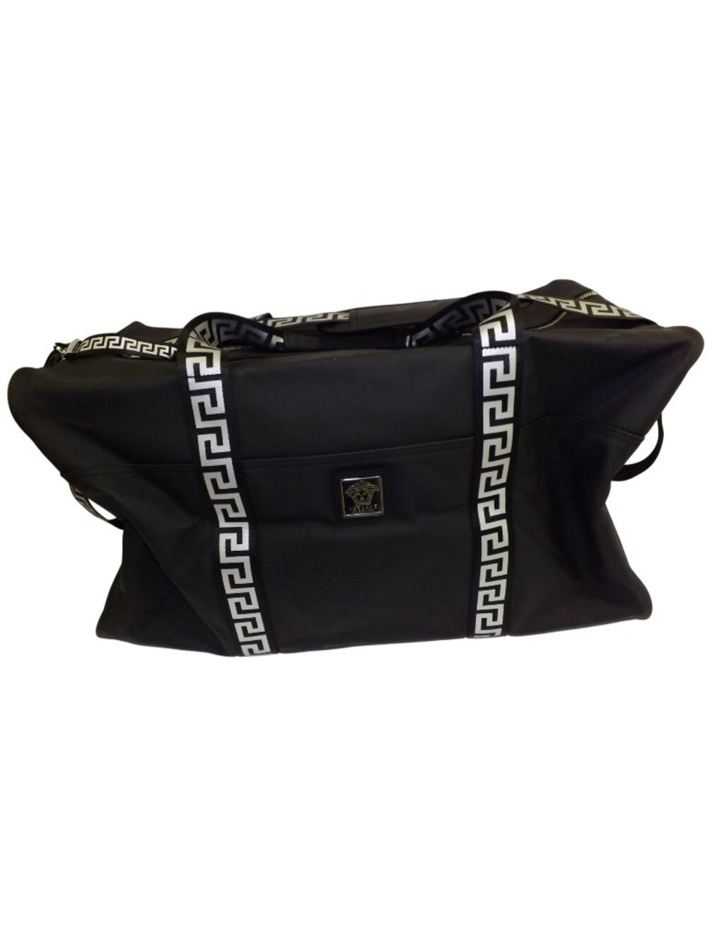 VERSACE black Overnight Duffle Bag With Strap Greek Key Pattern Weekender Bag